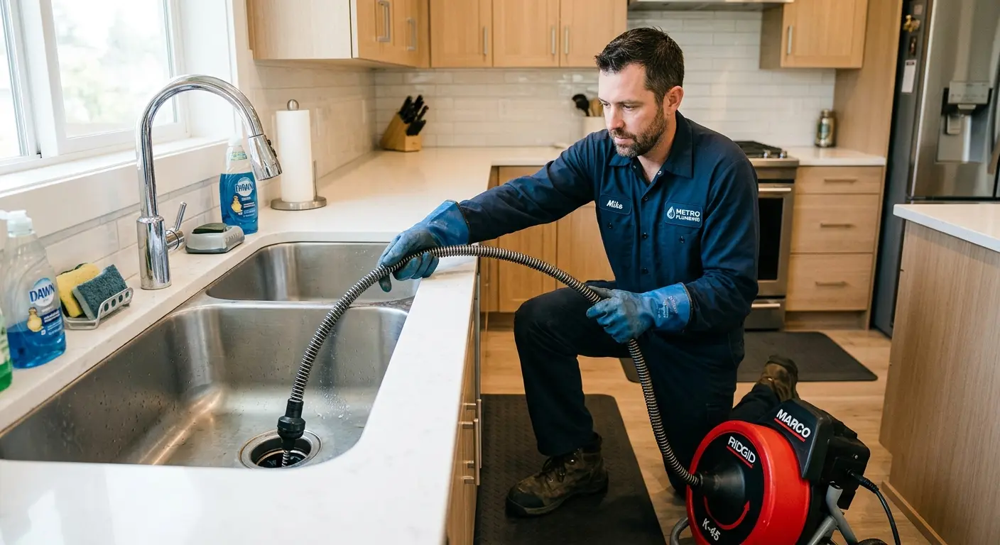 Drain cleaning technician using a motorized snake on a kitchen sink in Chesterfield