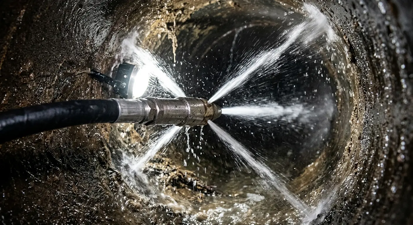 High-pressure hydro jetting nozzle cleaning sewer pipe for Emergency Drain Service in Chesterfield